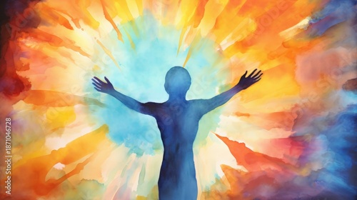A vibrant, abstract watercolor image depicting a silhouetted figure with outstretched arms, surrounded by radiant colors representing energy and freedom.