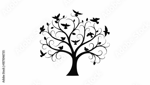 Silhouette of a stylized tree with birds flying and perched.