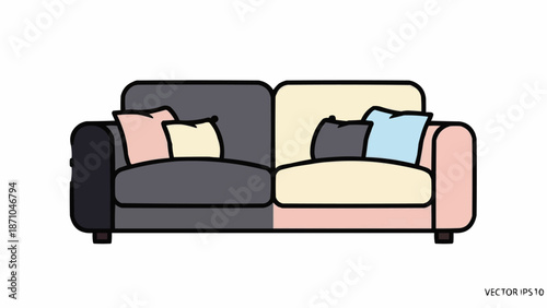 Modern Sofa with Cushions Isolated on White Background Vector Illustration.