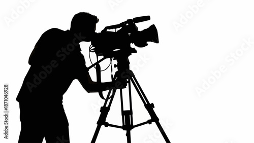 Silhouette of a videographer operating a professional camera on a tripod.