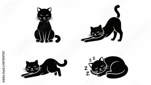 Four Black Cat Poses Silhouette Vector Illustration.