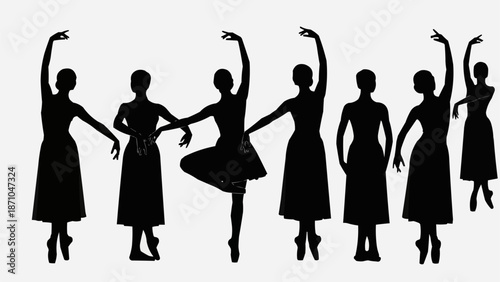 Silhouettes of ballet dancers performing graceful poses on a white background.