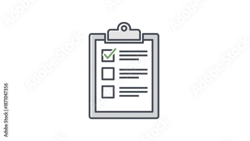 Simple line art clipboard with checklist and green checkmark.