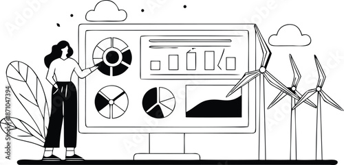 Black and white illustration of woman analyzing data on large computer screen with wind turbines and plants around her