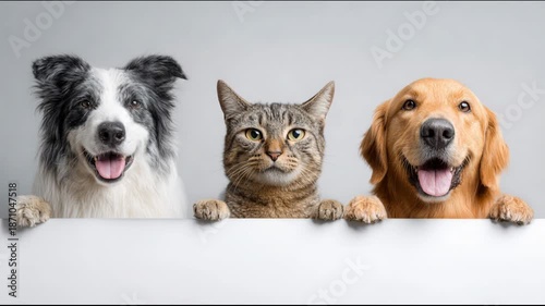 Friendly border collie, a curious tabby cat, and a happy golden retriever peeking over the edge of a blank white sign, looking directly at the camera with expressive faces