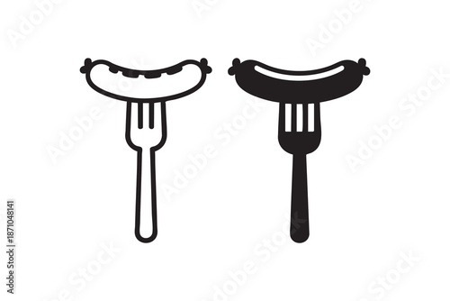 Vector Sausage on fork line and solid icon pack outline different style. Symbol, logo