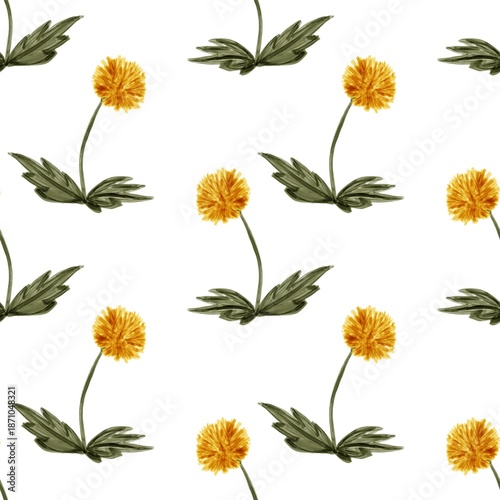 Seamless pattern of hand-drawn yellow wildflowers dandelions with green leaves on a white background. Botanical floral design in an artistic sketch style.
