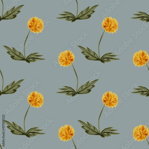 Seamless pattern of hand-drawn yellow wildflowers dandelions with green leaves on a white background. Botanical floral design in an artistic sketch style.