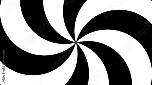 4k seamless looping spiral slowly rotating curvy spiral, black and white vertical background with fluid optical illusion background set. Black and white striped pattern.
