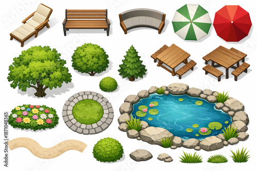 Top View Park Items Vector Set for Landscape and Architecture Design