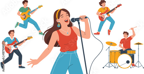 Energetic Live Band Performance with Singer, Guitarists, Drummer, and Bassist on Stage – Vibrant Concert Atmosphere for Music and Entertainment flat vector illustration