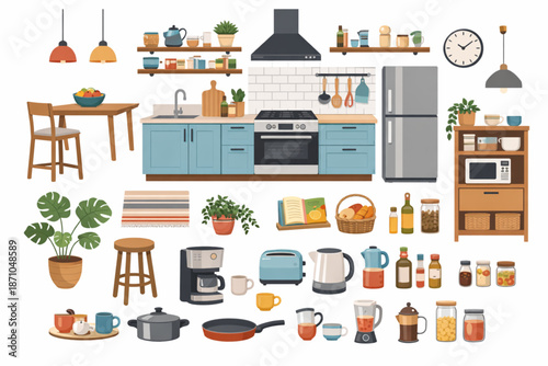 Home Furniture and Kitchen Interior Design Vector Set illustration