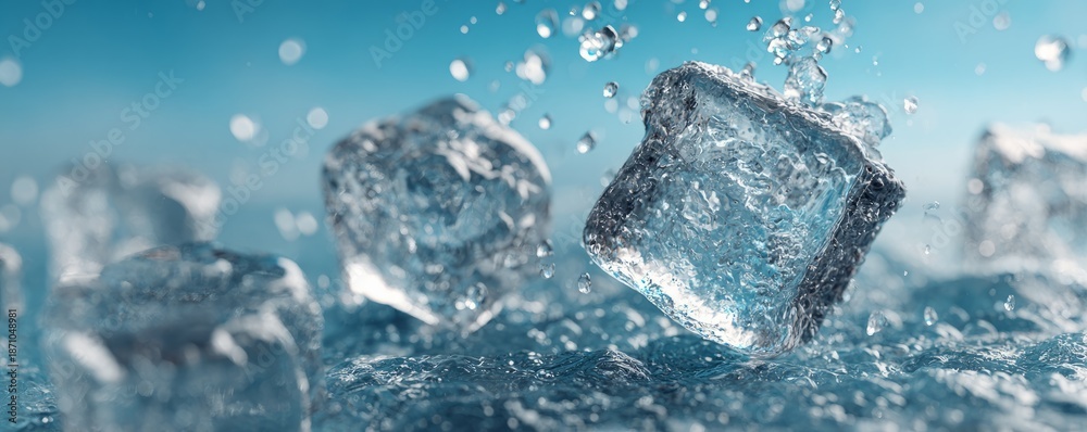 Obraz premium Crystal Clear Ice Cubes Splashing in Water with Bubbles and Textures in Summer Scene