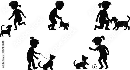 Playful Silhouettes: Children Walking, Playing with, and Caring for Pets in Black and White Art flat vector illustration