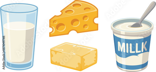 High-Quality Vector Illustration of Milk, Cheese, Butter, and Yogurt - Essential Dairy Products for Nutrition, Health, and Food Industry Graphics flat vector illustration flat vector illustration
