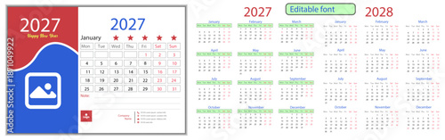 2027 English Vector Calendar Template Design with Editable Font. 2027 Calendar of Weak Starting from Monday to Sunday Layout Design.