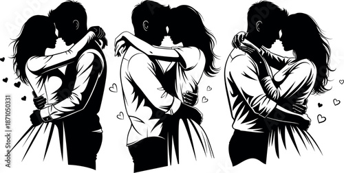 Couple embracing in various tender moments, showcasing affection and love in a series of silhouetted illustrations