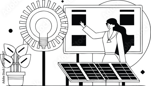 A woman presents on a large screen next to a solar panel and a light bulb with a plant eco friendly sustainable energy