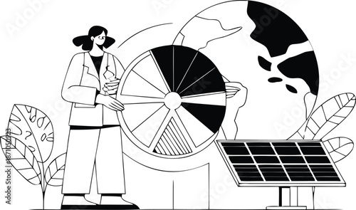 A woman in a lab coat stands next to a large pie chart and a solar panel with a globe in the background