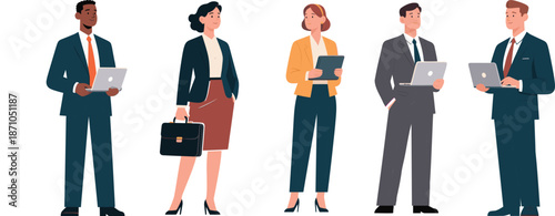 "Business team illustration with diverse professionals holding laptops and briefcases, corporate office people standing isolated on white background"

flat vector illustration