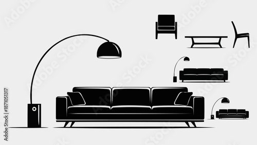 Modern Furniture Collection Silhouette Vector Illustration.