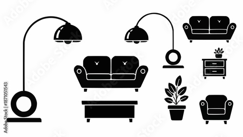 Collection of modern furniture and lighting silhouettes.