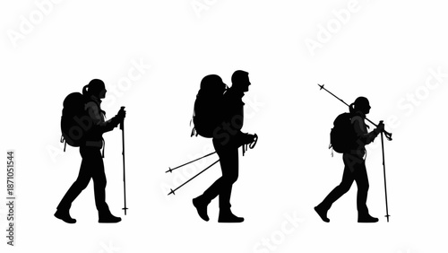 Silhouette of hikers with backpacks and trekking poles.