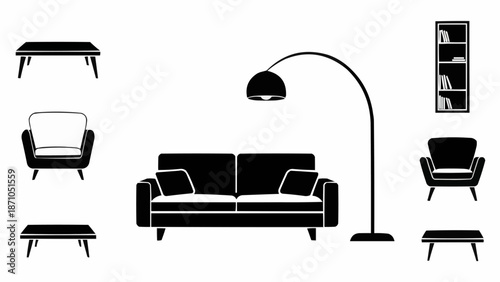 Collection of modern furniture silhouettes for living room interior design.