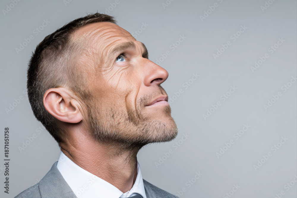 Obraz premium Thoughtful mature European business man executive in side profile looking up against light background. Serious professional male leader reflecting on life crossroads career decision and future