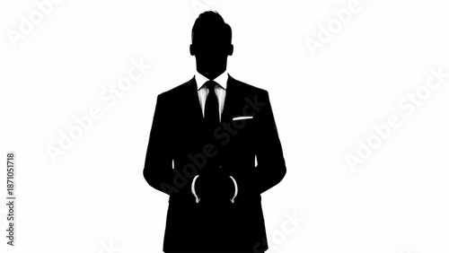 Silhouette of a businessman in a suit holding handcuffs.