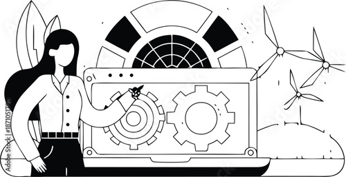 A woman interacts with a large computer screen displaying gears and a wind turbine representing sustainable technology