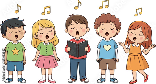 Children singing songs vector illustration with happy kids choir performing music together in flat cartoon style isolated on white background