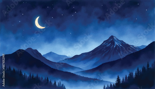 A serene watercolor painting of a mountain lake reflecting snow-capped peaks and lush green forests under a clear sky.