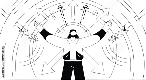 Man wearing virtual reality headset and gesturing with hands surrounded by arrows indicating movement and interaction