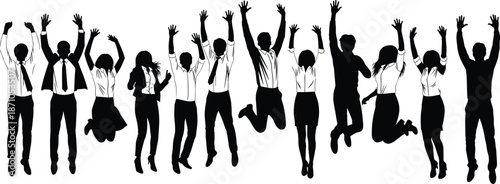 Corporate business team silhouettes jumping together in formal attire symbolizing success, celebration, teamwork, diversity, collaboration, unity, and workplace achievement