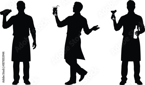 Bartender icon set, cocktail silhouettes, shaker, wine bottle, glass service, apron attire, black vector graphics, hospitality theme