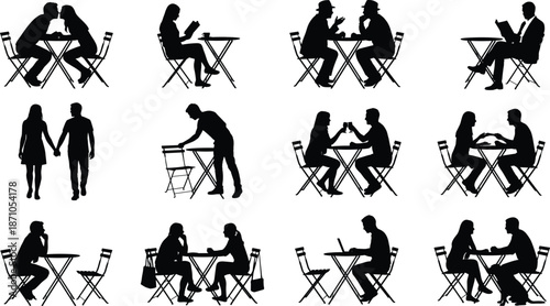 Cafe interaction icon set, table silhouettes, couple gestures, laptop use, reading pose, black vector graphics, social theme