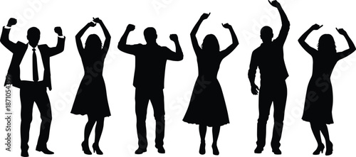 Dance celebration icon set, party silhouettes, joyful poses, festive movement, black vector graphics, social gathering theme