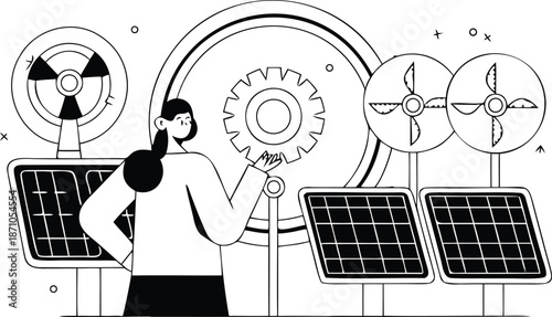 A woman interacts with a large gear surrounded by solar panels and wind turbines in a black and white line art