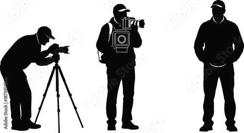 Photography icon set, videography silhouettes, tripod setup, shoulder rig, media production, black vector graphics, creative roles