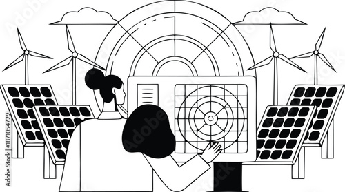 Two women working on computer with solar panels and wind turbines in background for renewable energy