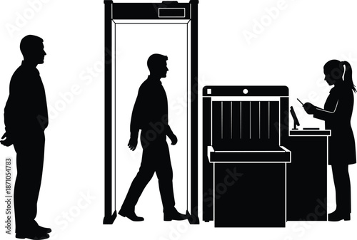 Security checkpoint icon set, metal detector, baggage scanner, officer inspection, airport screening, black silhouette vector graphics