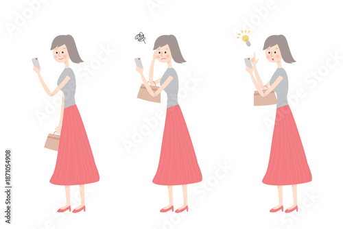 スマートフォンを見ている女性の表情のセット