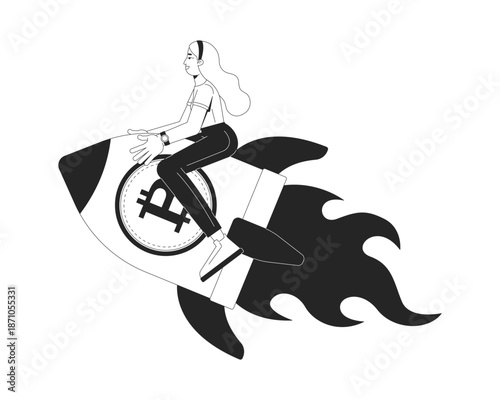 Woman riding bitcoin rocket in financial ascent line illustration concept. Crypto investment optimism. Investor cryptocurrency boost outline 2D character isolated. Ink linear metaphor vector art