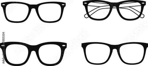 Eyeglasses icon set, black and white glasses silhouettes and outline frames, modern eyewear symbols for fashion, vision care, and design use