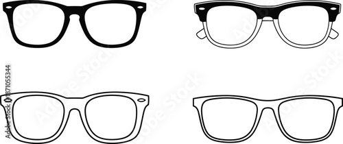 Eyeglasses illustration set, black and white glasses frames in outline and silhouette styles, modern eyewear icons for vision care and fashion design
