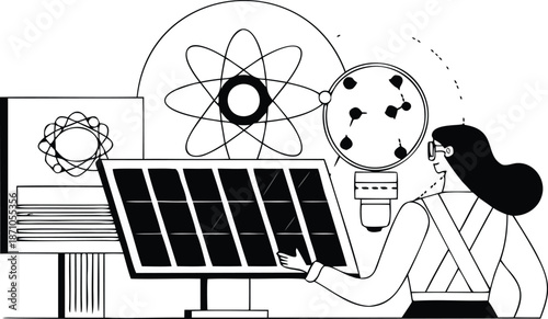 Woman interacting with solar panel display surrounded by atomic structure and molecular models