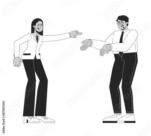 Coworkers arguing outline illustration. Workplace confrontation. Business woman accusing male colleague in heated discussion 2D line characters isolated on white. Monochrome vector ink linear image