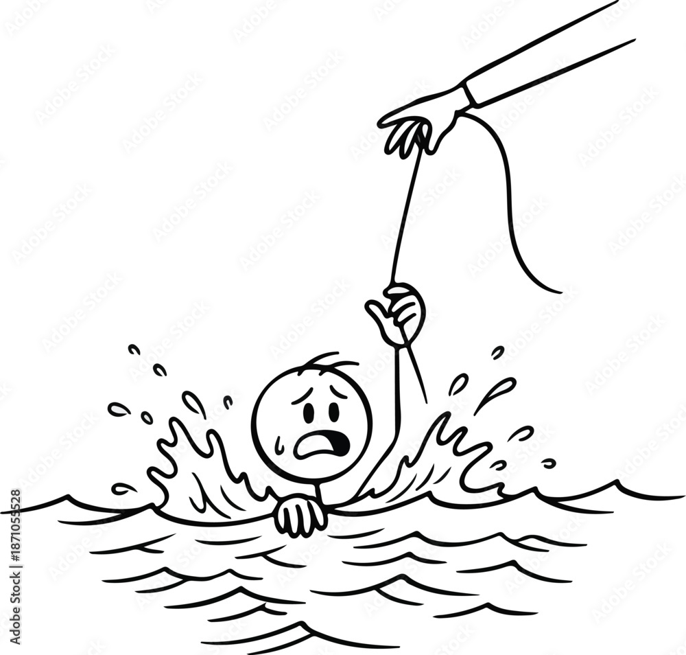 Obraz premium Stick figure drowning in water reaching for help.