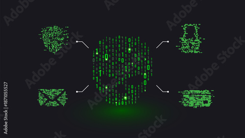 Cyber security concept with digital skull and network icons made of glowing green binary code. Professional background for malware threats, hack